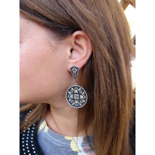 Silver Round Earrings Large,Ethnic Carpet Ornament