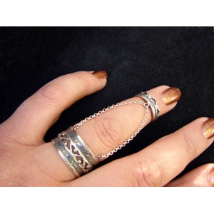 Silver Double Rings Ethnic Style,Chains linked,Adjustable multi-finger rings