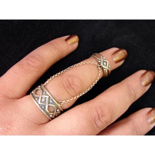 Silver Double Rings Antique Style,Chains linked,Adjustable multi-finger rings