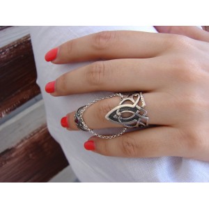 Double Rings Ethnic Style,Chains linked,Silver Adjustable multi-finger rings