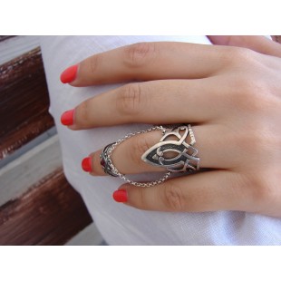 Double Rings Ethnic Style,Chains linked,Silver Adjustable multi-finger rings