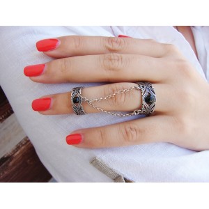 Ethnic Style Double Rings,Chains linked,Silver Adjustable multi-finger rings