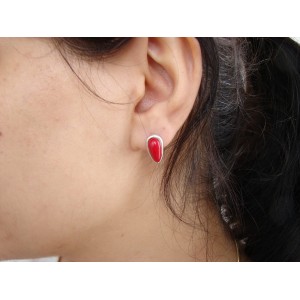 Red Coral Stud Earrings,Sterling Silver 925