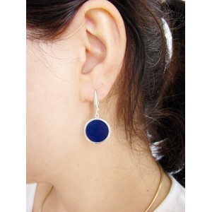 Round Earrings Blue Enamel,Sterling Silver 925