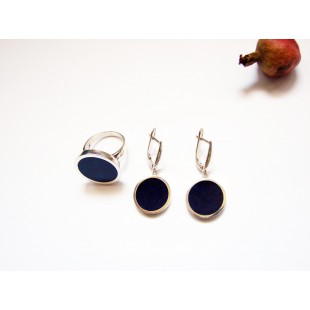 Earrings and Ring Blue Enamel Set,Sterling Silver 925