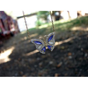 Silver Butterfly Pendant Necklace,Gold Plated,Blue Color Enamel and Zircons