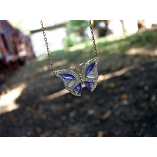 Silver Butterfly Pendant Necklace,Gold Plated,Blue Color Enamel and Zircons