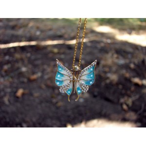 Silver Butterfly Necklace,Gold Plated Pendant,Sea Blue Color Enamel and Zircons