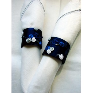 Handmade Napkin Rings Set of 6,Blue Color,Silk ribbon Flowers