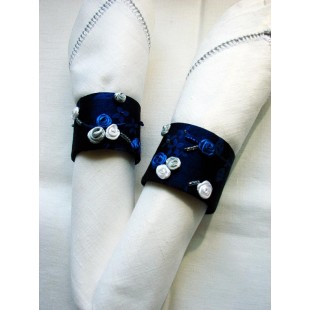 Handmade Napkin Rings Set of 6,Blue Color,Silk ribbon Flowers