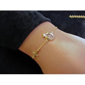 Pomegranate and Cross Silver Bracelet Gold Plated with Red Zircons