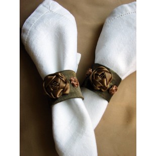 Handmade Napkin Rings Set of 6 Brown,Silk ribbon Flowers