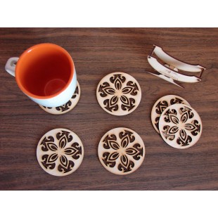 Wood Drink Round Coasters Set of 6 Laser Cut Coasters with Stand