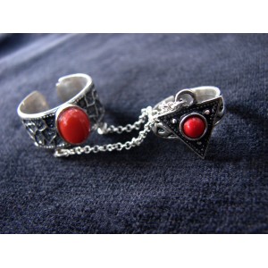 Silver Double Ring Coral Stones,chain linked,multi-finger rings