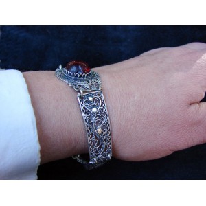 Ethnic Style Wide Bracelet with Garnet Sterling Silver 925