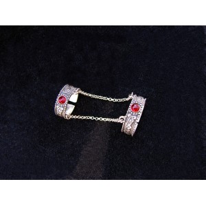 Adjustable Silver Double Ring chain linked,Red Zircon,multi-finger rings